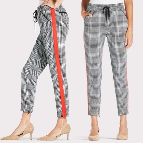 David Lerner Pants - David Lerner x Evereve Slim Track Jogger with Trim Size XL Plaid Red Stripe L3